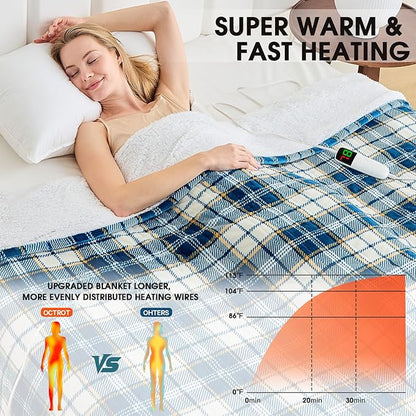 Heated Electric Blanket Full Size,72X84 Heating Blanket with 10 Heats Levels&8 Hours Auto Off&Timer,Green Plaid Soft Cozy Sherpa Blankets Warmer Gifts for Grandma Women Adult,Fast Heating Washable