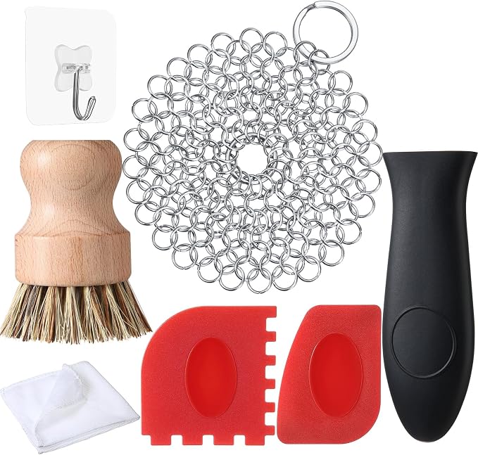 Patelai 7 Pieces Cast Iron Cleaner Set Include Stainless Steel Chainmail by Patelai