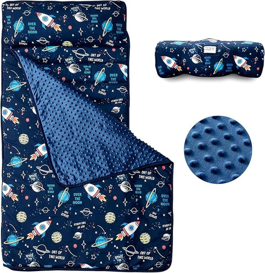 beeweed Toddler Nap Mat, Rollup Design Kid Sleeping Mat with Removable Pillow & Minky Blanket, Toddler Sleeping Bag for Daycare Preschool Travel Camping