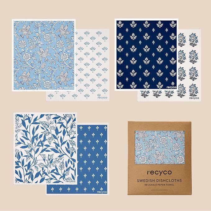 RECYCO Swedish Dishcloths for Kitchen | 6 Pack Heritage Florals Blue Washable - Image 8