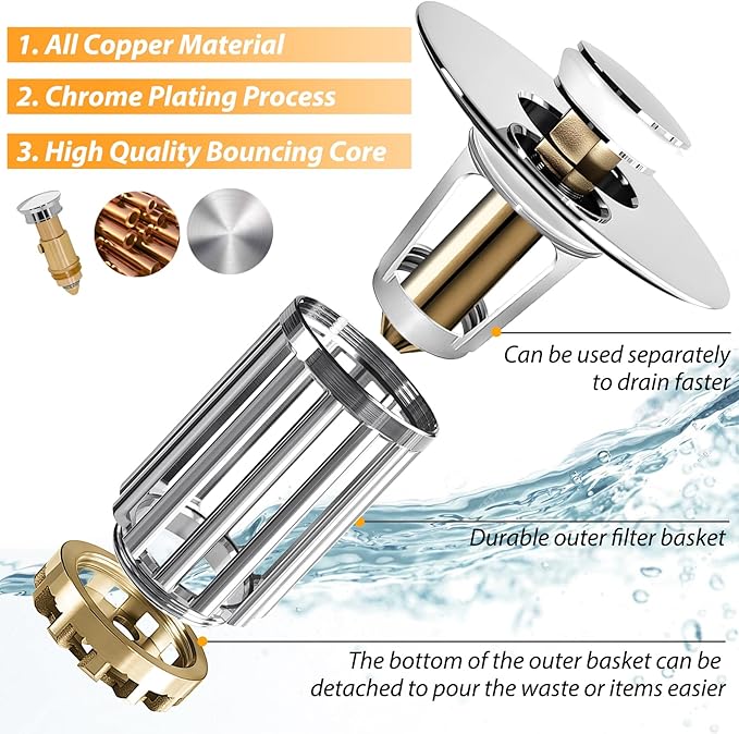 Bathroom Sink Drain Strainer, 3 in 1 Pop Up Bathroom Sink Stopper - Image 2