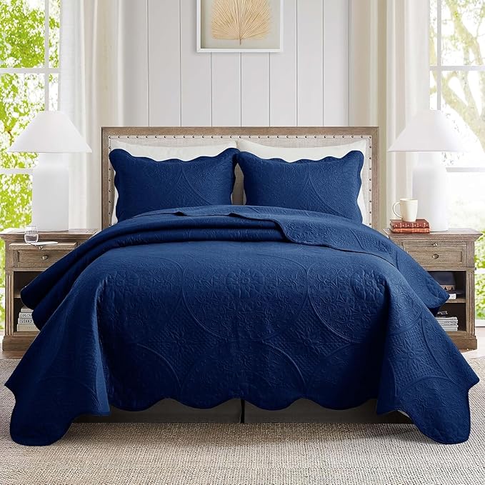 IR Imperial Rooms Twin Quilt Bedding Set Size (68” x 86”) + 1 Pillow Shams (20” x 26” + 2”) - 2 Pcs All Season Lightweight Reversible Microfiber Coverlet Floral Embossed Quilt Bedspread (Blue)