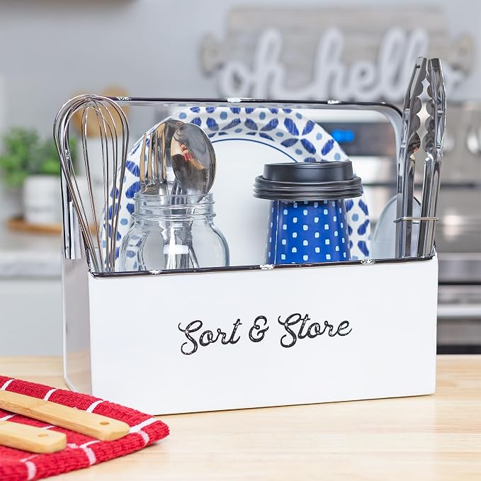 AuldHome Design Enamelware Rustic Caddy w/Handle, Distressed White Farmhouse - Image 3