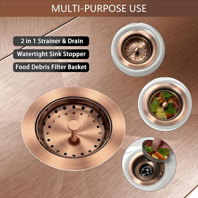 Kitchen Sink Drain Copper 3-1/2 Inch Stainless Steel Kitchen Drain Strainer - Image 7