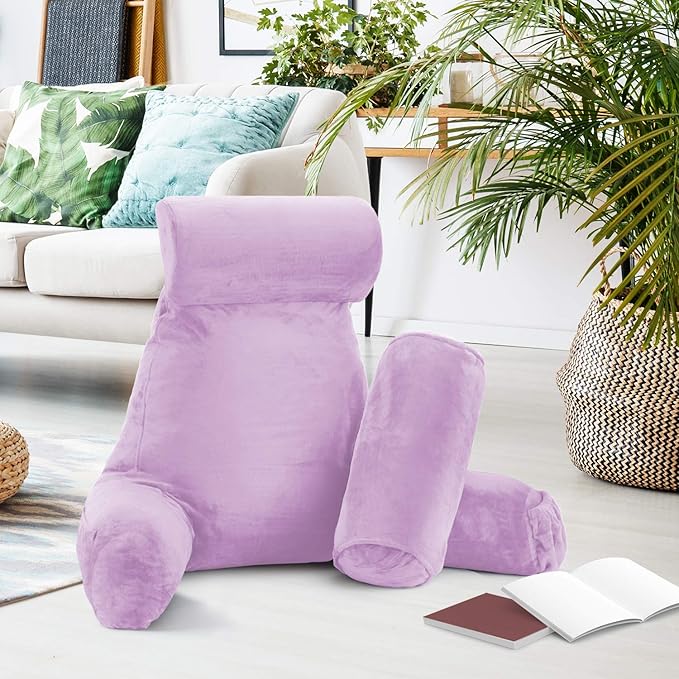 Nestl Reading Pillow with Shredded Memory Foam Includes 2 Neck and Lumber Support Pillows, Designed for Sitting Up in Bed and Couch, Back and Arms Adjustable Support for Adult & Teens, Lavender