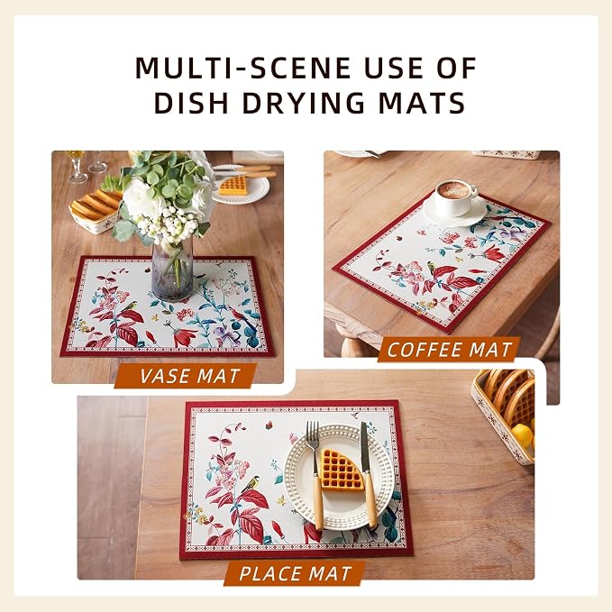 Dish Drying Mat Absorbent Floral Coffee Mat Rubber Backed Soft Silicone Bird - Image 6