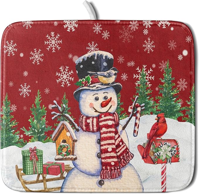 Winter Snowman Dish Drying Mat Red Bird Microfiber Dish Pad 16x18 Inch by Giwawa