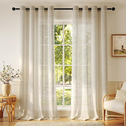Anmao Flax Linen Curtains for Living Room 108 Inch Length 2 Panels Set, Light Filtering Sheer Window Curtain Drapes for Bedroom with Nickel Grommet, 52 Inch Wide Each Panel, Linen Color