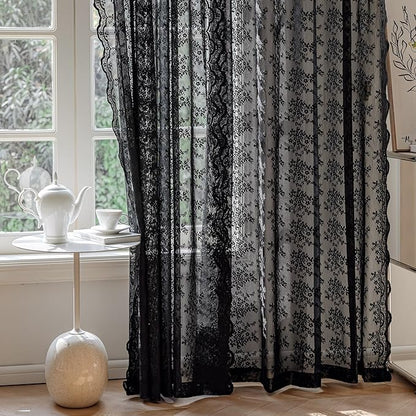 Anmao Vintage Lace Curtains 90 Inches Long 2 Panels Set, Romantic Elegant Light Filtering Semi Sheer Floral Thick Lacy Curtain Drapes for Living Room and Bedroom, Each Panel 55W x 90L, Black