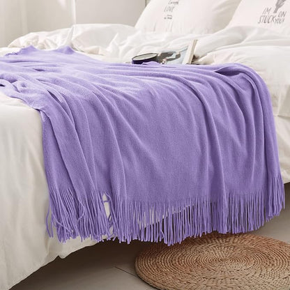 Homiest Decorative Knitted Throw Blanket with Fringe, Lightweight Acrylic Knit, Soft & Cozy Tassel Blanket for Couch, Sofa, Bed (Lavender, 50 x 60 Inch)