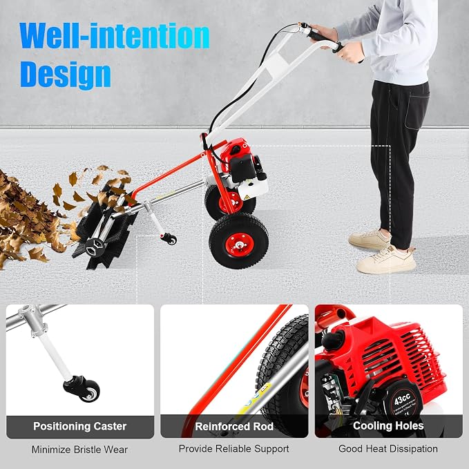 43CC Gas Powered Walk-Behind Outdoor Hand Push Sweeper, 1.7HP 2-Stroke Handheld - Image 3