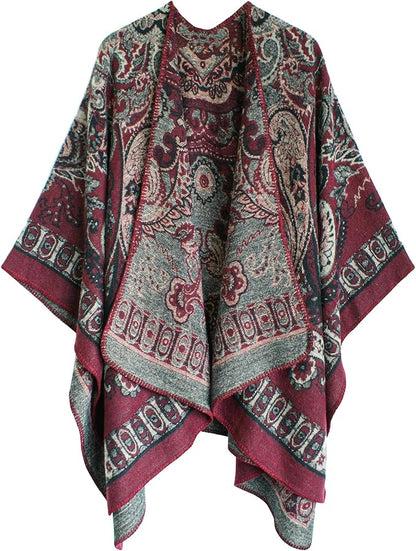 Women's Vintage Pattern Open Front Poncho Cape Shawl Winter Shawl Wraps