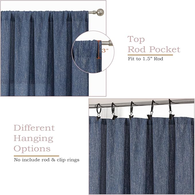 Simplebrand Navy Blue Semi Sheer Faux Linen Textured 120 Inches Long Curtains 2 Panels Set, Privacy Farmhouse Window Drapes for Living Room/Birthday Party/Hallway Window Guest Room, 50 x 120 Inch
