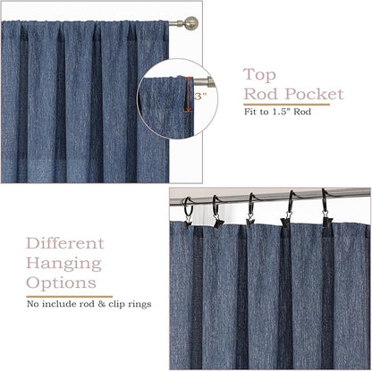 Simplebrand Navy Blue Semi Sheer Faux Linen Textured 120 Inches Long Curtains 2 Panels Set, Privacy Farmhouse Window Drapes for Living Room/Birthday Party/Hallway Window Guest Room, 50 x 120 Inch
