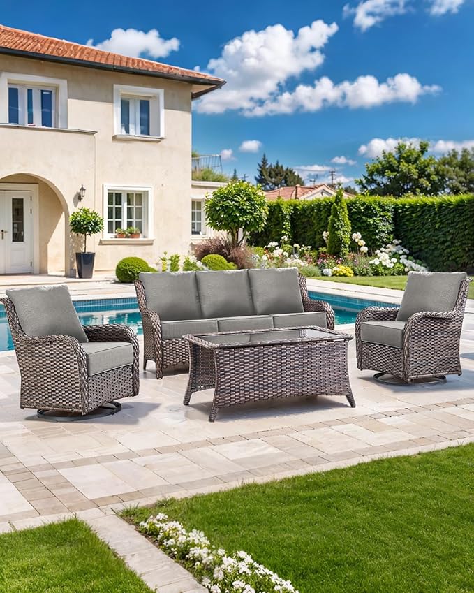 Luxury 22x24/22x25 6-Inch Outdoor Cushions for 5 Peice Patio Furniture Set - Set of 5 Water-Resistant Pillow for Dining Rocking Swivel Chairs Loveseat Couch Sectional Sofa - Grey