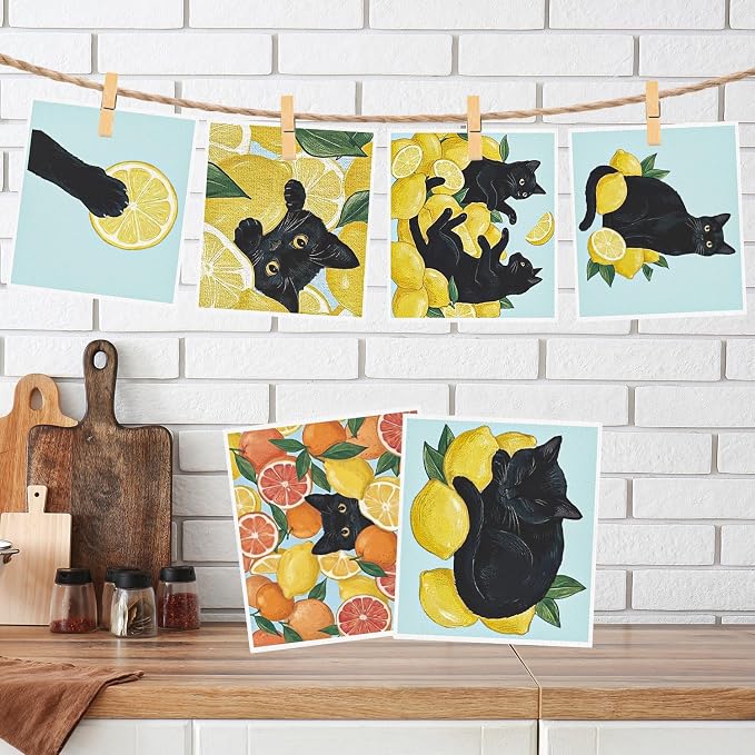 Swedish Dishcloths for Kitchen, 6 Pack Lemon and Balck Cat Reusable Dish Paper - Image 5