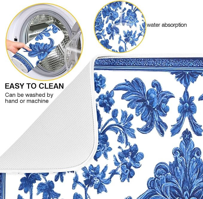 Blue White Porcelain Floral Dish Drying Mat - Image 2