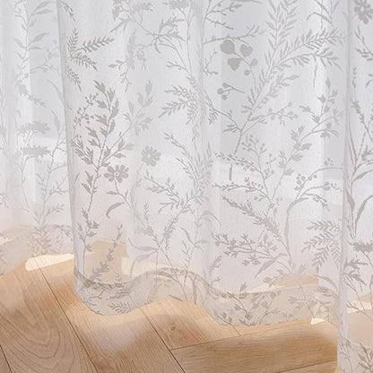 Anmao Vintage Lace Kitchen Curtains 24 Inches Long 2 Panels, Romantic Semi Sheer Floral Over Sink Lacy Cafe Curtain, Elegant Window Short Small Drapes, 55W x 24L, White Leaf