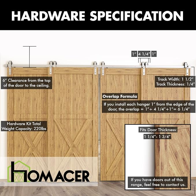 Homacer Brushed Nickel Single Track Bypass Sliding Barn Door Hardware Kit - Image 5