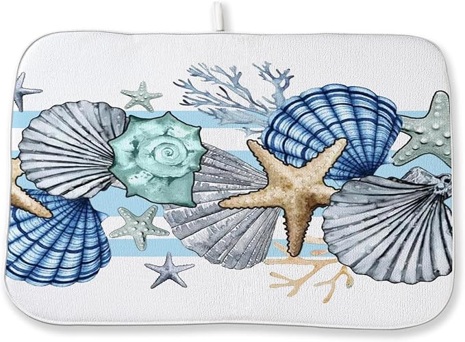 Nautical Coastal Starfish Dish Drying Mats 18x24 Inch Beach Coral Shell Blue by GOLIANDA