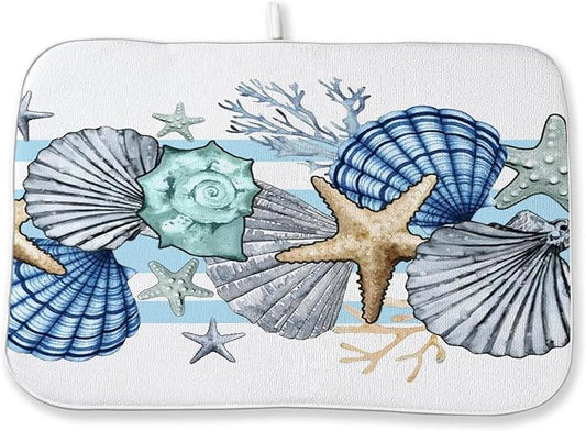 Nautical Coastal Starfish Dish Drying Mats 18x24 Inch Beach Coral Shell Blue by GOLIANDA