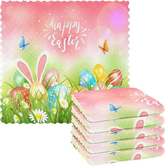 Dish Towels Kitchen Cleaning Cloths Easter Eggs in The Grass by ALAZA