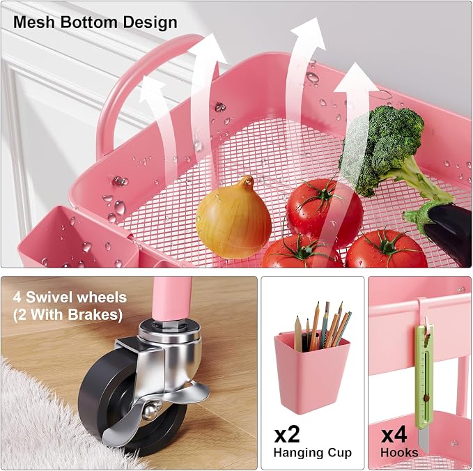 4 Tier Rolling Cart Metal with Lockable Wheels, Four Tiered Pink Trolley Cart - Image 8