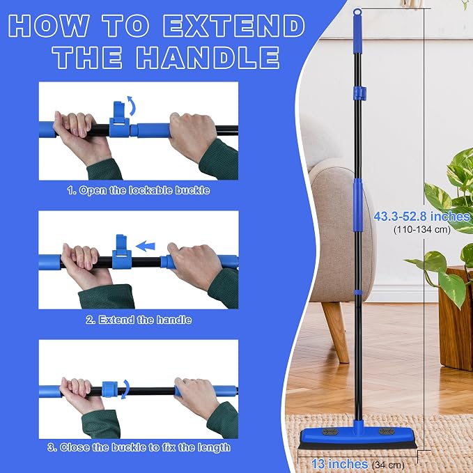 Rubber Broom Carpet Brush with Squeegee, Pet Hair Remover with 52.8 inches Long - Image 7