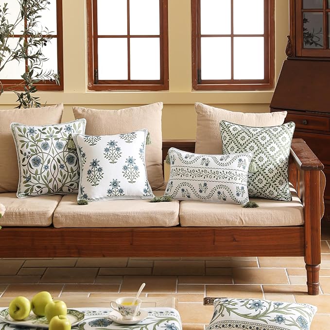 ISAENNE Design Fresh Linen Rectangular Throw Pillow Covers 12"x20" Pack of 2, French White Cottage Cushion Covers with Green Branches Pattern Decoration Pillowcases for Bed,Living Room,Outdoor,Car