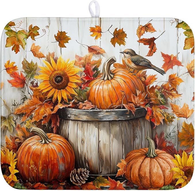 Fall Dish Drying Mat for Kitchen Counter Autumn Thanksgiving Pumpkin Sunflower by Wnoesat