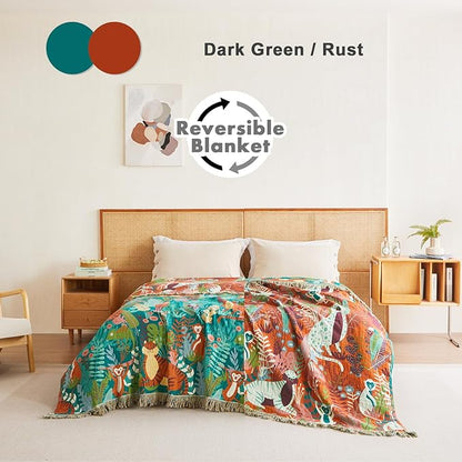 MSGKV Throw Blanket for Bed Cotton Animals Twin Size Couch Blanket 60"x80" Muslin Breathable Lightweight Farmhouse Blankets Home Decor All Seasons