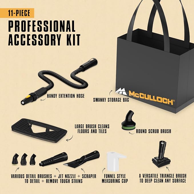 McCulloch MC1230 Handheld Steam Cleaner, 10 Minute Runtime, 11 Accessories: Jet - Image 5