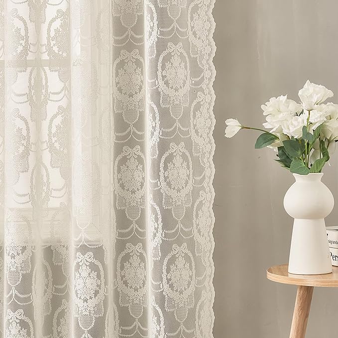 Ivory Vintage Country Floral Lace Sheer Curtains 63 Inches Long -Rod Pocket Light Filtering French Privacy Scalloped Edges Rod Pocket Boho Bedroom ，52 x 63 Inch, 2 Panels