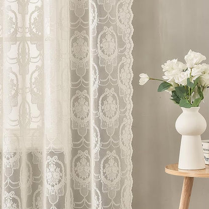 Ivory Vintage Country Floral Lace Sheer Curtains 63 Inches Long -Rod Pocket Light Filtering French Privacy Scalloped Edges Rod Pocket Boho Bedroom ，52 x 63 Inch, 2 Panels