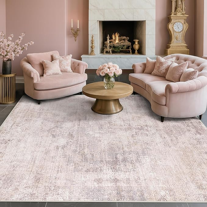 Modern Washable Bedroom Area Rug 5x8, Abstract Rugs for Living Room, Dining Room, Kids Room Girls, Pink and Grey Distressed Medallion Pattern, Non Slip Low Pile Stain Resistent