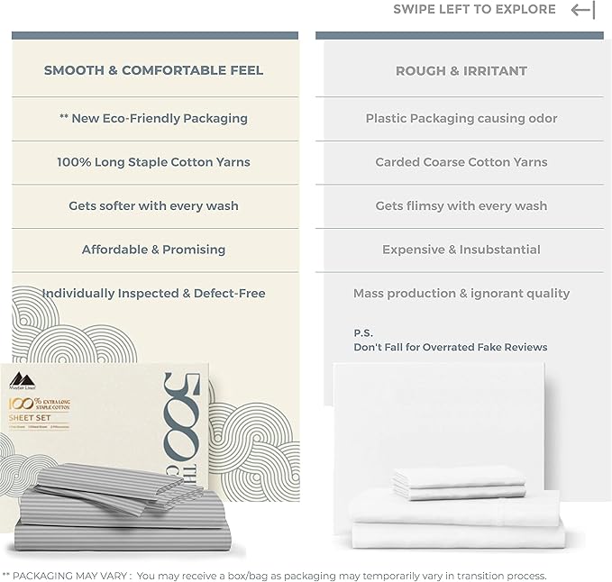 Mayfair Linen 100% Cotton Striped Sheets King Size Bed Set - 500 Thread Count Damask Sheets King Size 4 PC Set (Silver Grey Stripe), Soft, Cooling, Sateen Weave Hotel-Quality 16" Deep Pocket Bedsheet