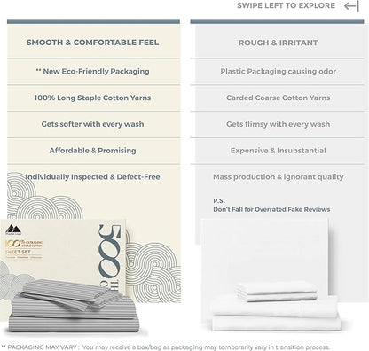 Mayfair Linen 100% Cotton Striped Sheets King Size Bed Set - 500 Thread Count Damask Sheets King Size 4 PC Set (Silver Grey Stripe), Soft, Cooling, Sateen Weave Hotel-Quality 16" Deep Pocket Bedsheet