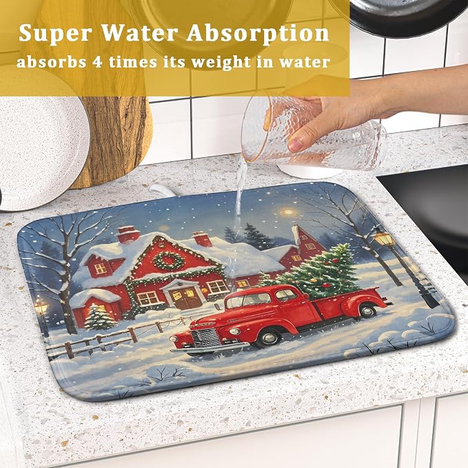 Christmas Dish Drying Mat for Kitchen Counter 16x18 Red Truck Winter Xmas Snow - Image 7