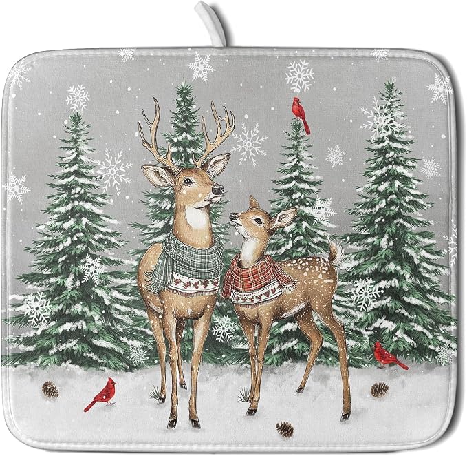 Winter Deer Dish Drying Mat Pine Tree Absorbent Dish Dry Pad Seasonal by Giwawa