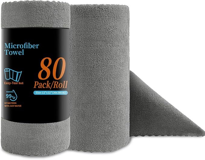 80 Pack Microfiber Cleaning Cloth Roll Reusable Paper Towels 12"x12" Tear Away by JessyHome
