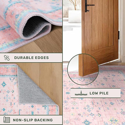 Pink and Blue Washable 5x8 Living Room Rugs, Boho Aethestic Oushak Vintage Area Rug for Bedroom Girls Kids Playroom Nursery Room, Non-Slip Rubber Backing Stain Resistant