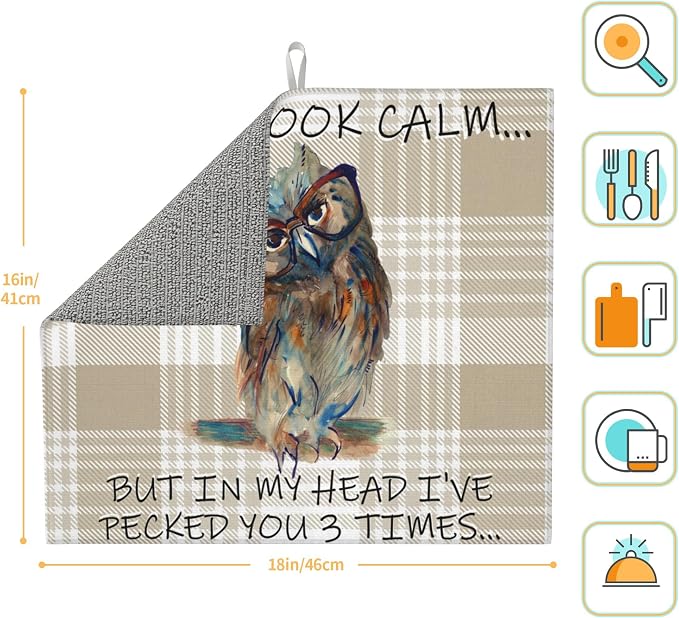 Funny Owl Dish Drying Mat for Kitchen Counter Cute Buffalo Plaid Drying Mat - Image 4