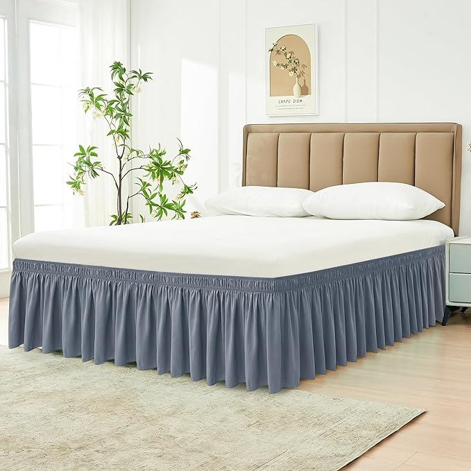 Biscaynebay Wrap Around Bed Skirts for Full & Full XL Beds 15" Drop, Dark Grey Adjustable Elastic Dust Ruffles Easy Fit Wrinkle & Fade Resistant Silky Luxurious Fabric Machine Washable