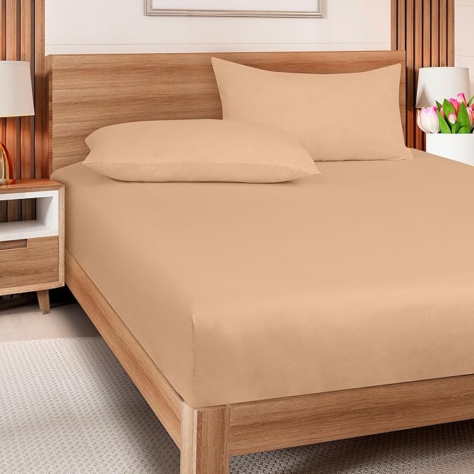 ROYALE LINENS 300 Thread Count 100% Long Staple Combed Cotton Fitted Sheet Queen - Super Soft Deep Pocket Bottom Sheet - Fitted Sheets Only - Elastic Sheets (Queen, Sand)