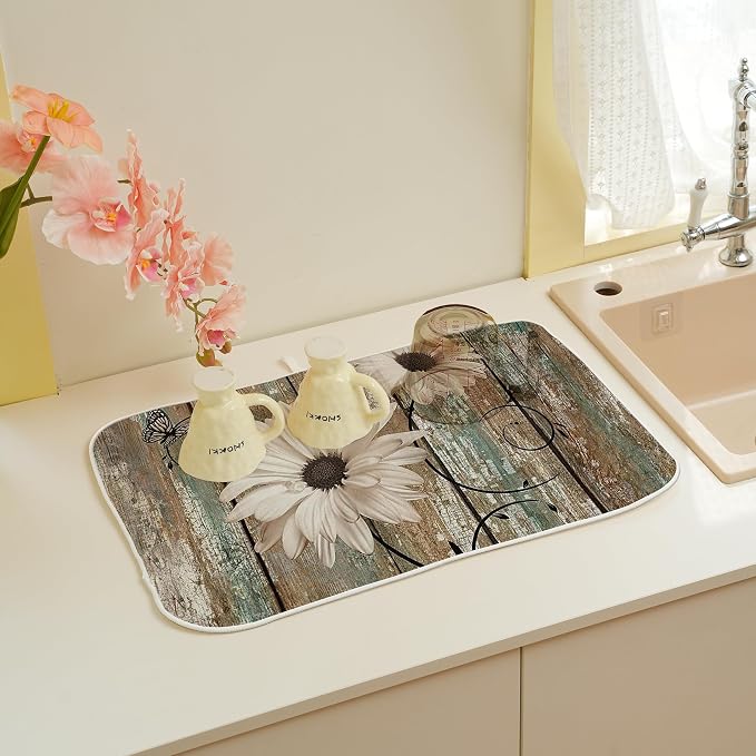 Rustic Daisy Dish Drying Mats 18x24 Inch Vintage Sunflowers on Wooden Board - Image 5