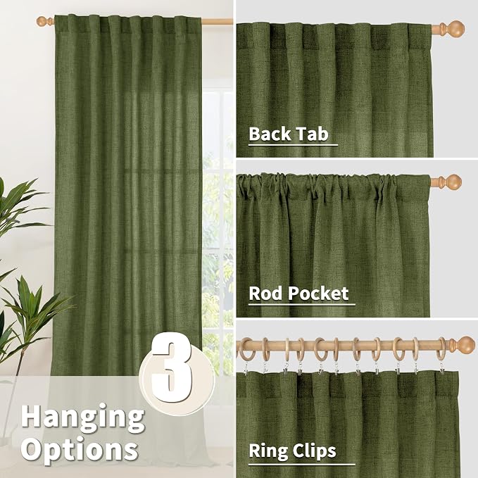 YoungsTex Olive Green Linen Semi Sheer Curtains 72 Inch Length - Image 6