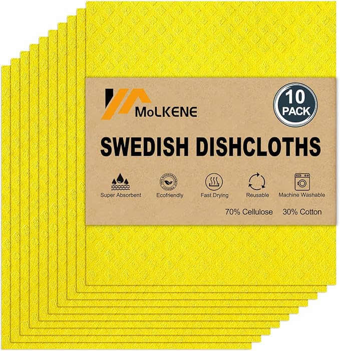 Swedish Dishcloths for Kitchen | 10 Pack Absorbent Cellulose Sponge Cloths by MoLKENE
