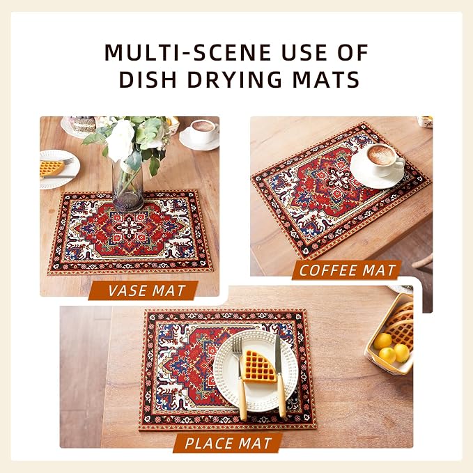 Boho Dish Drying Mat Absorbent Coffee Mat Rubber Backed Soft Silicone Kitchen - Image 6