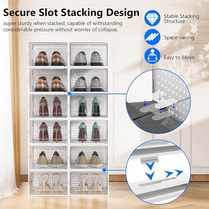 12 Pack Large Modular Clear Plastic Stackable Shoe Storage Organizer - Image 3