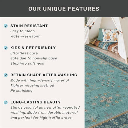 Boho 2x6 Non Slip Kitchen Rug Runner - Teal Washable Rug for Bathroom, Laundry Room, Hallway, Non Slip with Rubber Backing, Floral Aqua Blue Unique Runner Décor